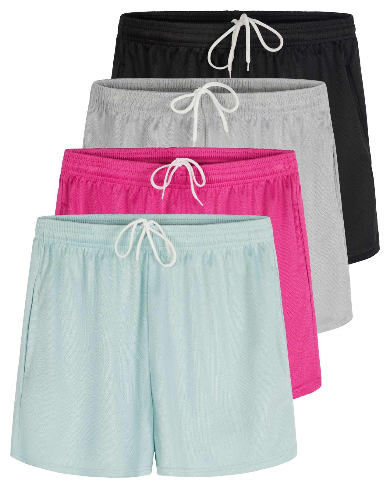 Real Essentials 4 Pack Women's Athletic Shorts - Breathable Mesh Workout Shorts with Pockets for Running, Yoga & Gym - Plus Size Available - Perfect for Sports & Casual Wear