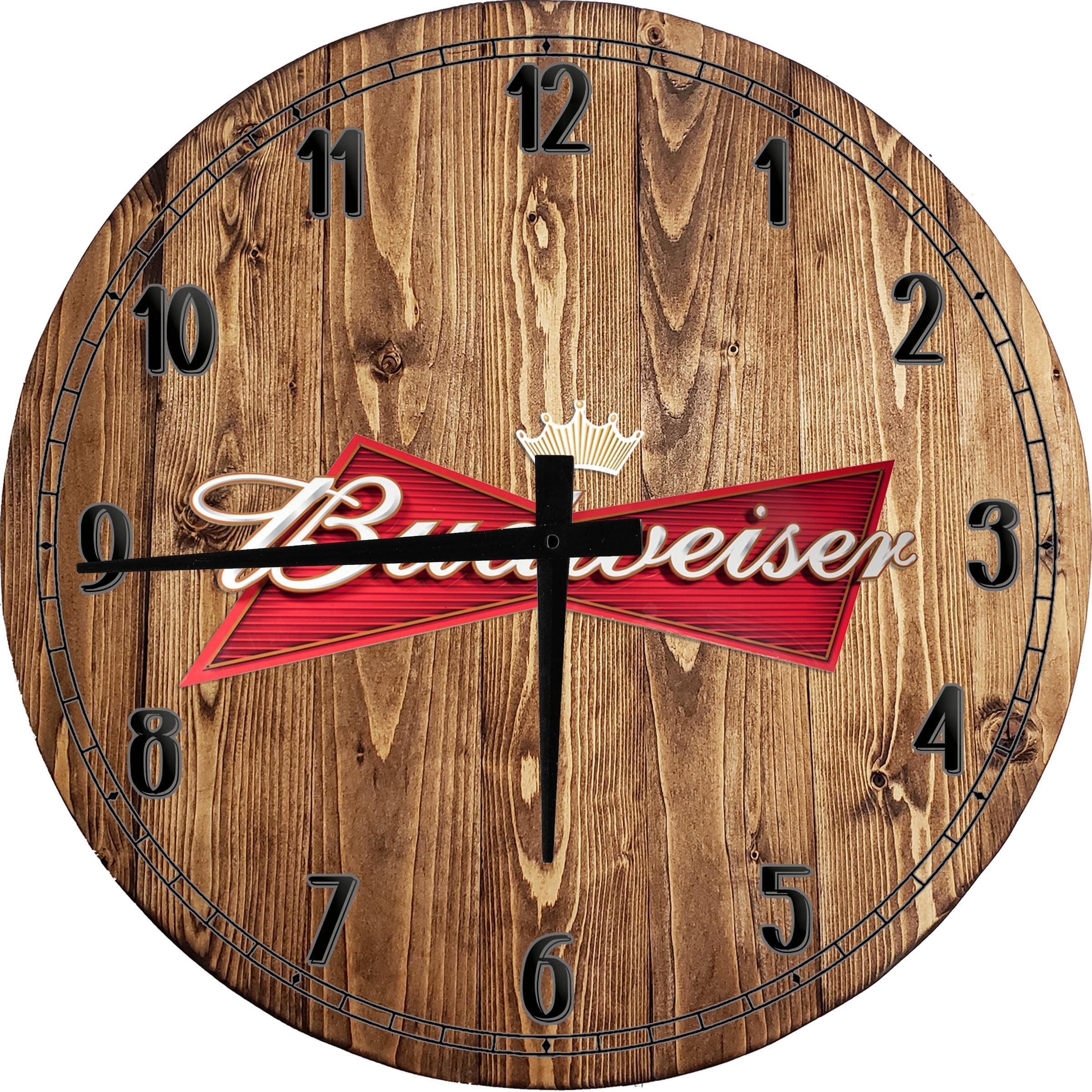 14 Inch Large Bud Beer American Lager Wall Clock - Classic Walnut Wooden Bar Sign for Home Pub Decor | Perfect for Man Cave, Basement Bar & Vintage Style Living Room