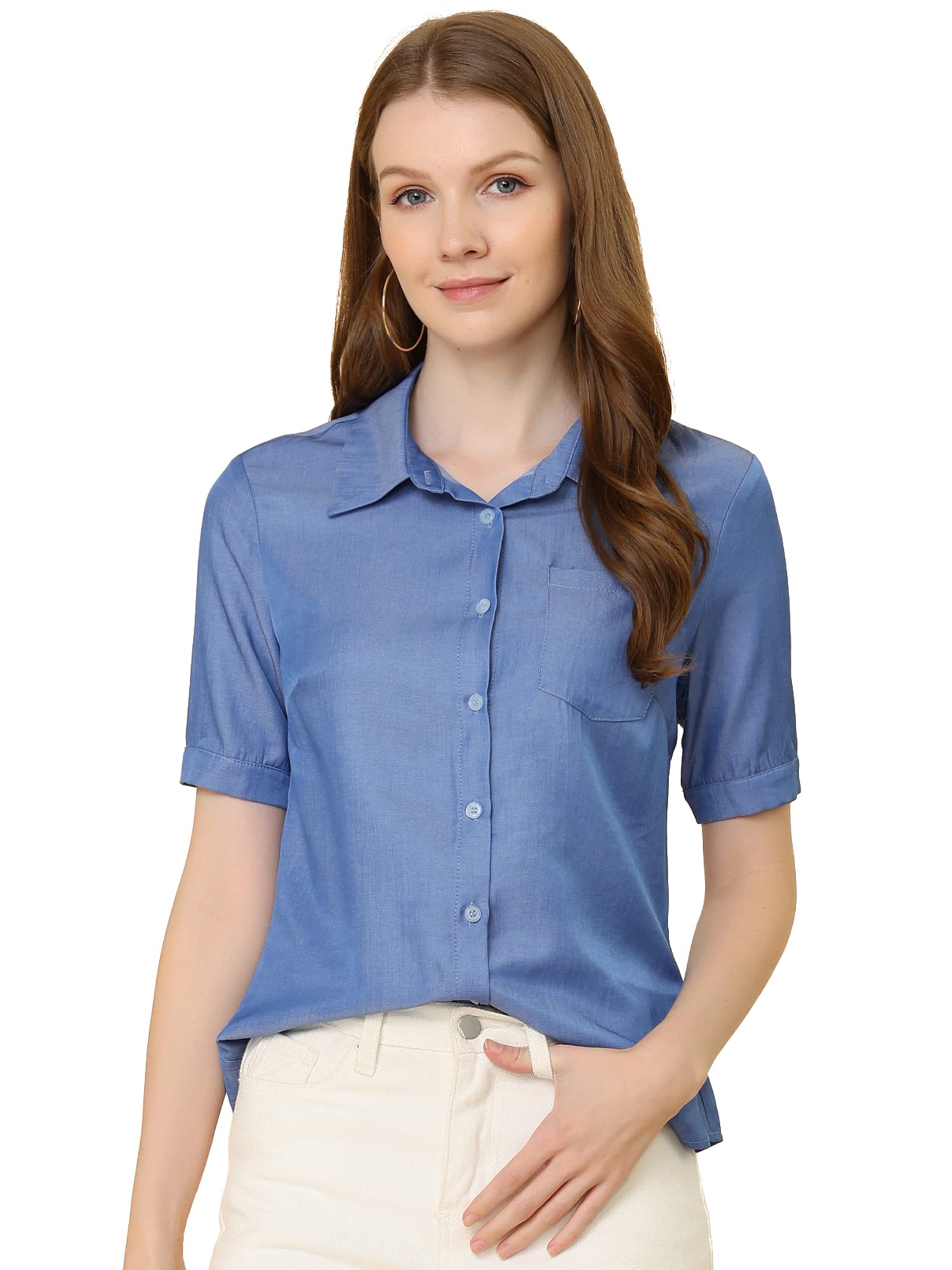 Allegra K Women's Chambray Button Down Shirt - Point Collar Denim Work Blouse for Office & Casual Wear