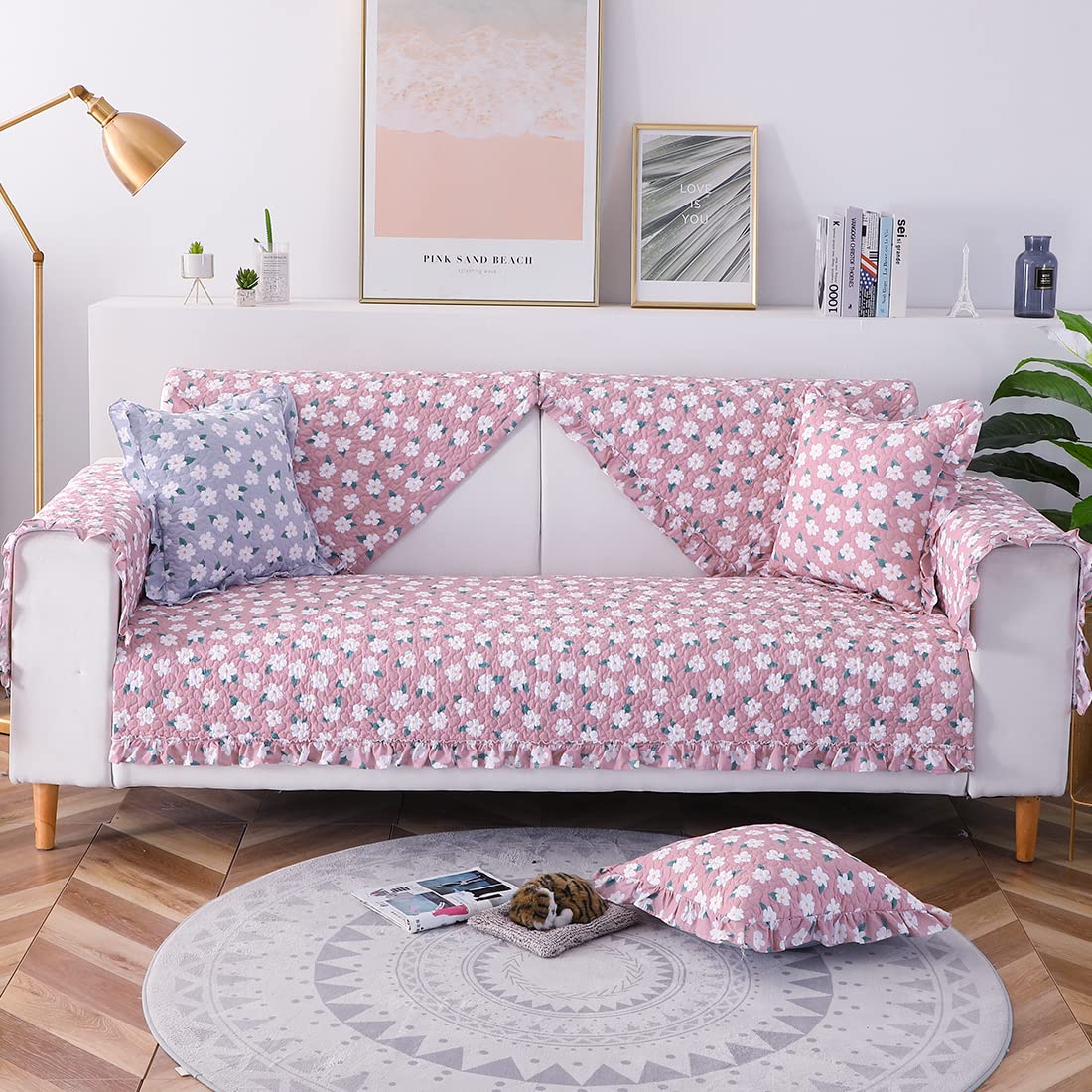Boho Floral Printed Cotton Sofa Covers with Ruffles - Non-Slip Sectional Couch Cover, Super Soft & Comfy Furniture Protector for Living Room (Pink, 28