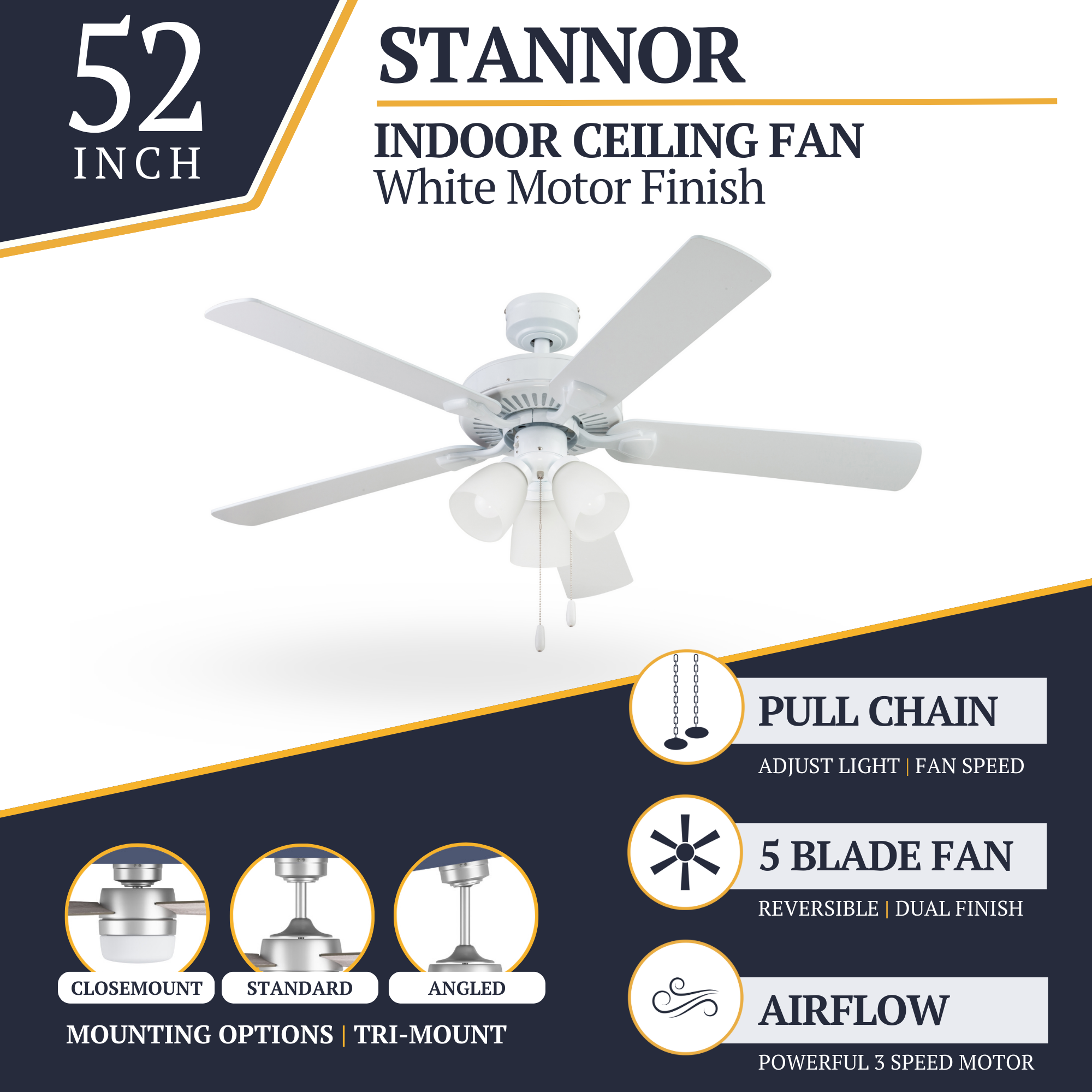 52 Inch White Stannor Ceiling Fan with Pull Chain - Perfect for Living Room, Bedroom & Outdoor Spaces