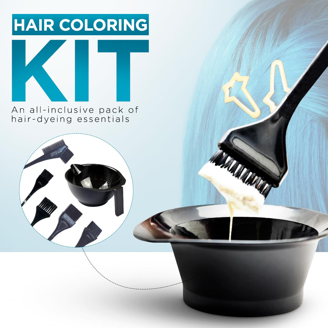 FOLELLO Professional Hair Coloring Kit with 2 Mixing Bowls, 1 Rat Tail Brush & 4 Tint Brushes - 7 Piece DIY Hair Dye Set for Salon-Quality Results at Home - Perfect for Ombre, Highlights & Root Touch-Ups