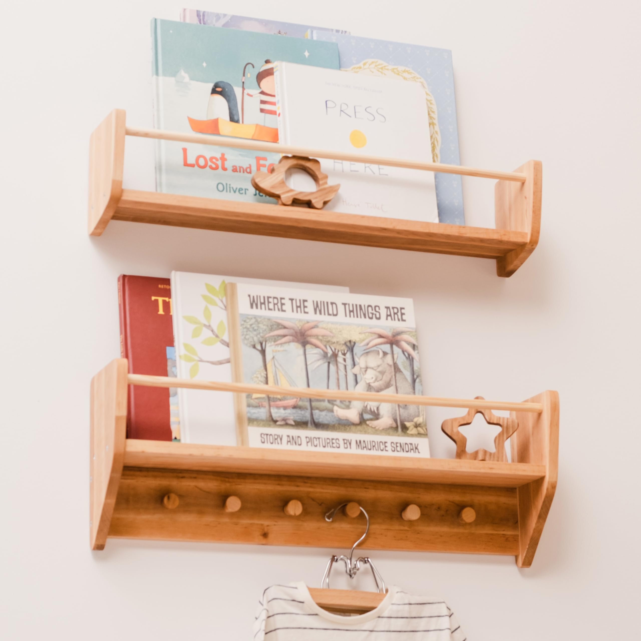 Wooden Wall Mounted Bookshelf for Kids - Nursery Decor with Hooks, Montessori Bookshelf for Toddlers, Baby Shower Gift (Large) - Perfect for Nursery, Playroom, and Kids Bedroom Organization