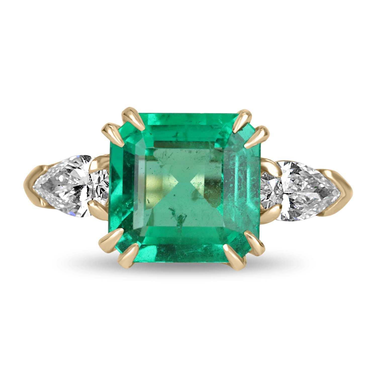 4.56tcw 18K Gold GIA Certified Minor Oil Three Stone Emerald & Pear Diamond Engagement Ring - Perfect for Weddings, Anniversaries & Special Occasions