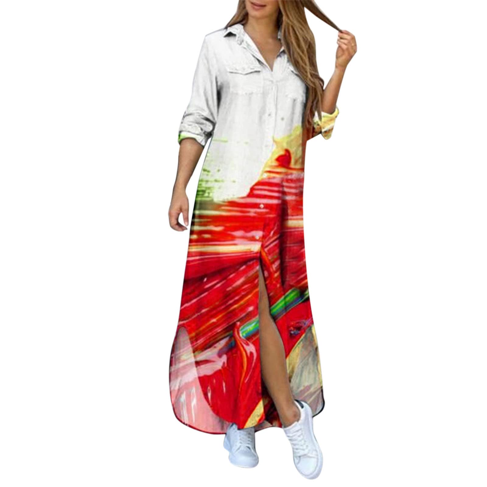 Women's Long Sleeve Split Maxi Dress - Loose Fit Button Down Summer Casual Dress with Asymmetrical Hem | Perfect for Beach Vacations, Date Nights & Summer Parties