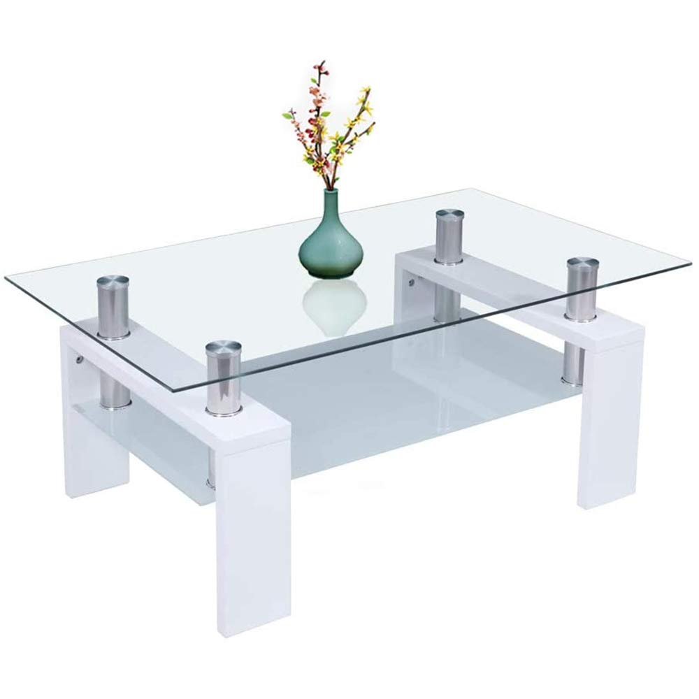 Modern Rectangle Glass Coffee Table with Wooden Legs & Lower Shelf - 8mm Tempered Glass Top - Perfect for Living Room, Lounge, or Office Furniture (White)