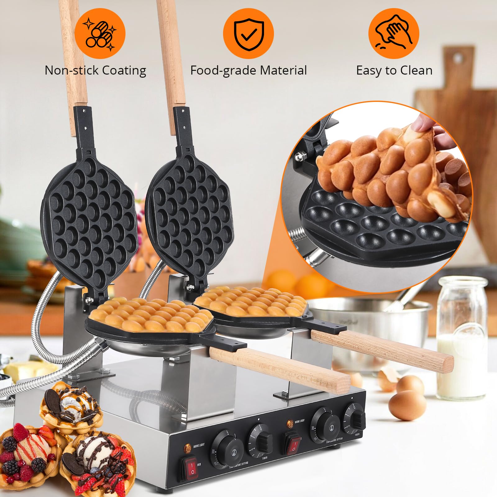 2800W Electric Bubble Waffle Maker Machine - Non-Stick Egg Waffle Baker for Home & Commercial Use - Perfect for Breakfast, Desserts, and Street Food Business