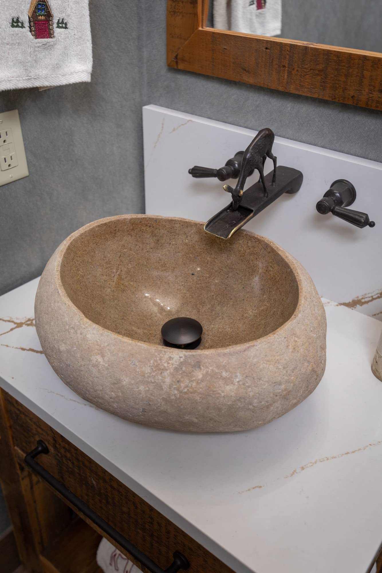 Natural River Rock Boulder Stone Sink with Polished Interior - Handcrafted Farmhouse Bathroom Vanity Sink for Rustic Home Decor, Outdoor Kitchen & Garden Washbasin