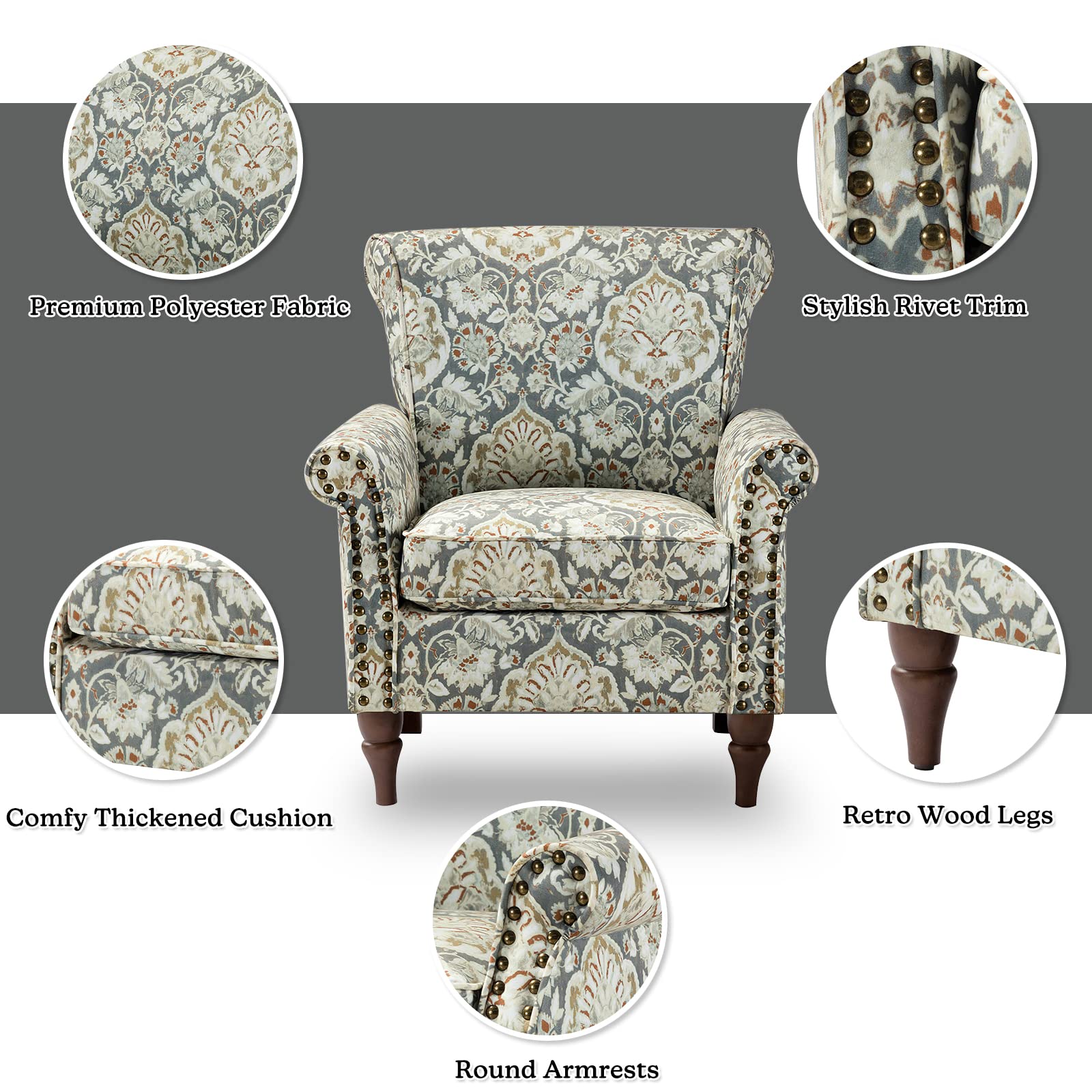 HULALA HOME Modern Wingback Accent Chairs Set of 2 with Wood Legs & Removable Cushion - Comfortable Upholstered Armchairs with Nailhead Trim, Floral Pattern Living Room Bedroom Sofa Chairs (Pine Wood) - Perfect for Cozy Reading Nook, Lounge Area or Guest Seating