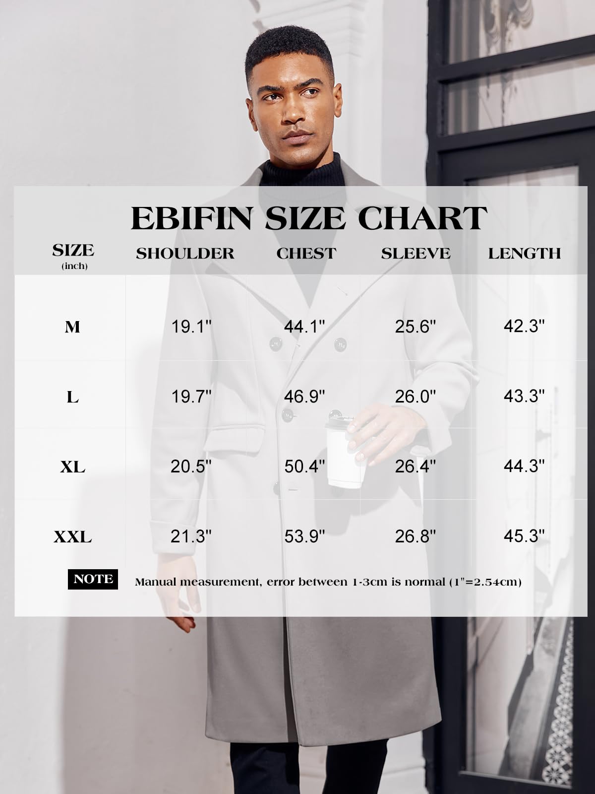 Ebifin Men's Notch Lapel Double Breasted Long Trench Coat | Casual Cotton Blend Peacoat Jacket for Fall & Winter | Perfect for Office, Dating & Formal Occasions