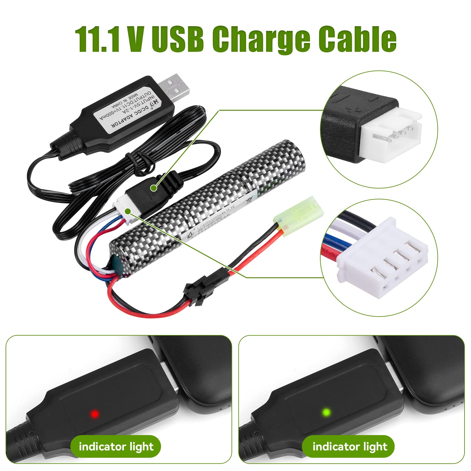 2 Pack 2000mAh 11.1V 183503 LiPo Airsoft Batteries with 3S Charging Cable & SM2P to Mini Tamiya Adapter - Perfect for RC Cars, Drones, Water Bead Blasters & Remote Controlled Hobby Vehicles