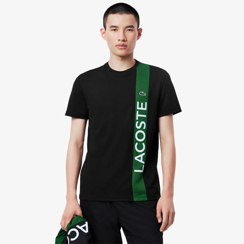 Lacoste Men's Ultra Dry Print Branding Sport T-Shirt - Moisture Wicking, Breathable & Comfortable - Black/Green - Perfect for Gym, Running & Casual Wear