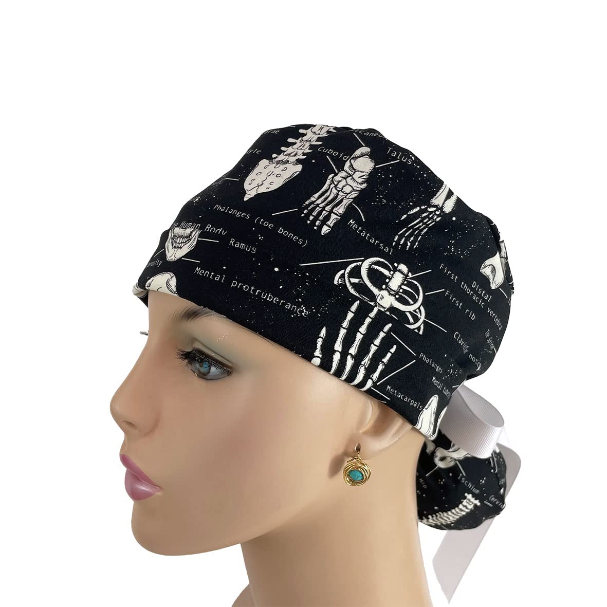Turn Up Ponytail Medical Scrub Cap - Human Anatomy Bones Print - Doctor & Nurse Hats for Women in Black | Comfortable Surgical Cap for Healthcare Professionals