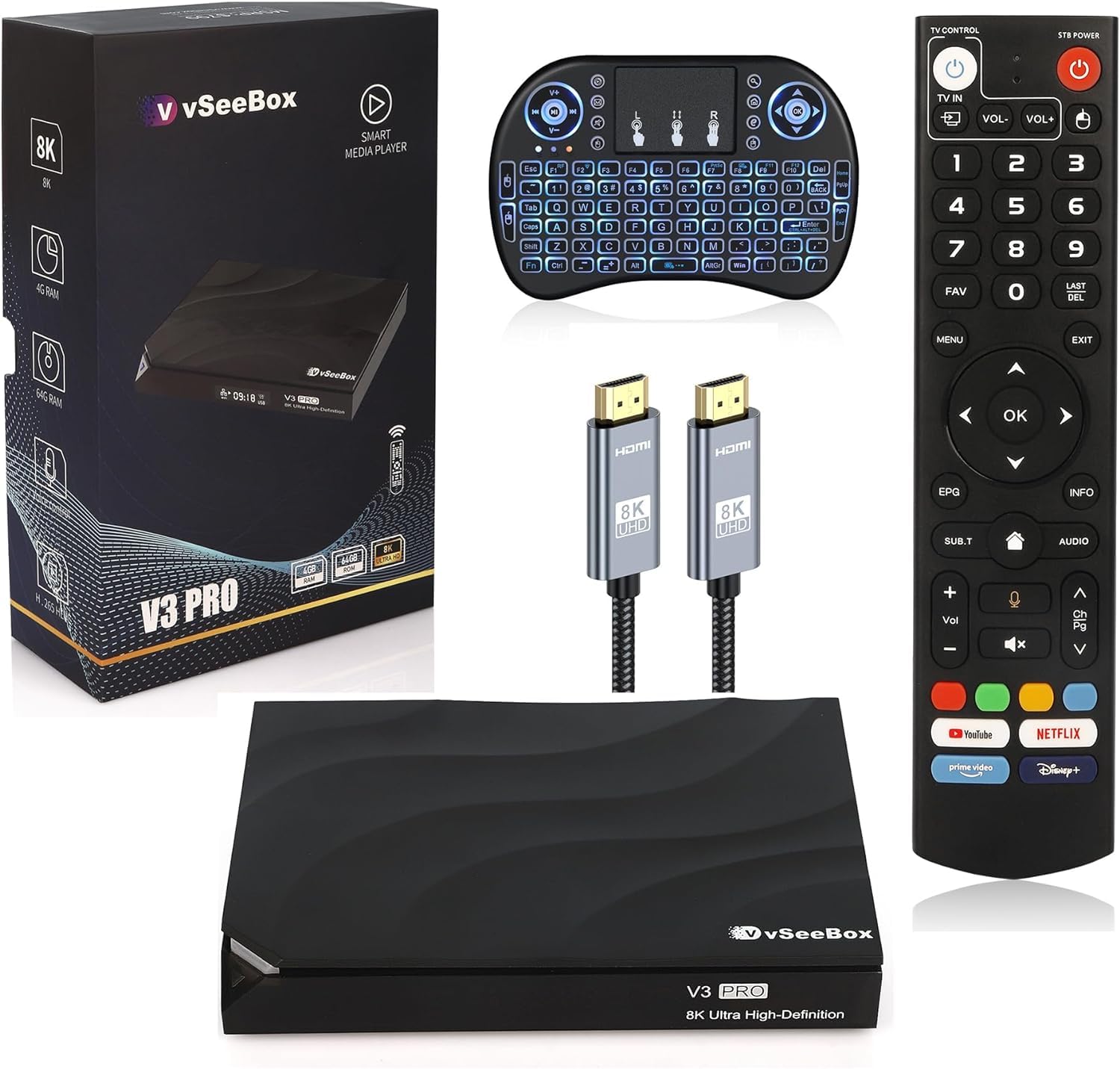 2024 Newest V3 Pro Android TV Box - Bluetooth Voice Remote, Backlit Mini Keyboard & 8K HDMI Cable Included | Android 11 OS, 4GB RAM, 64GB Storage | Perfect for Home Theater, Streaming & Gaming