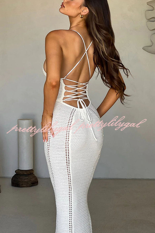 Elegant Knit Crochet Hollow Out Back Lace Up Stretch Maxi Dress for Women - Summer Beach Vacation & Boho Chic Outfit
