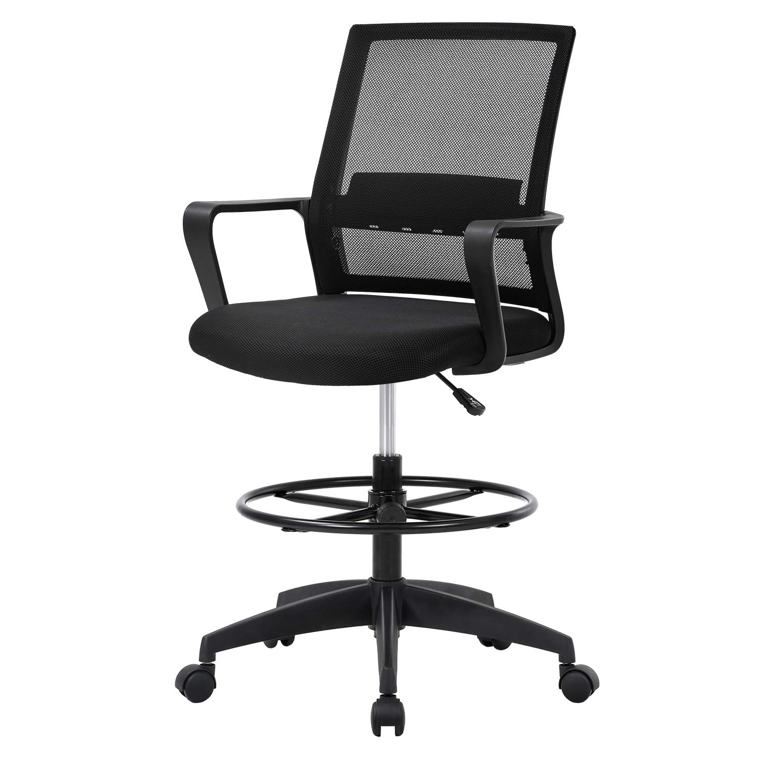 Ergonomic Mesh Drafting Chair with Adjustable Foot Ring - Tall Office Chair for Standing Desk - Mid Back Support Computer Chair for Home & Office Workspace - Black