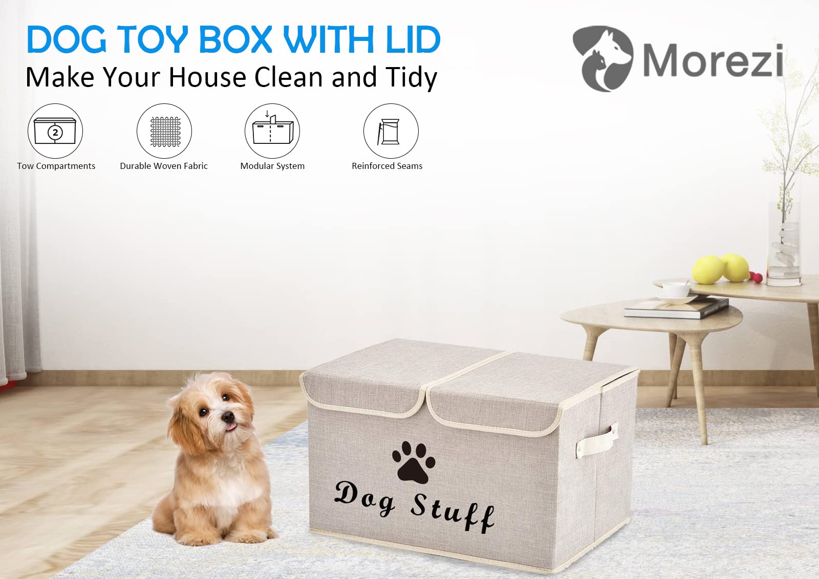 Durable Dog Toy Storage Box with Lid - Pet Organizer Basket for Living Room, Playroom & Closet - Beige Home Organization Solution | Perfect for Storing Chew Toys, Plush Toys & Pet Accessories