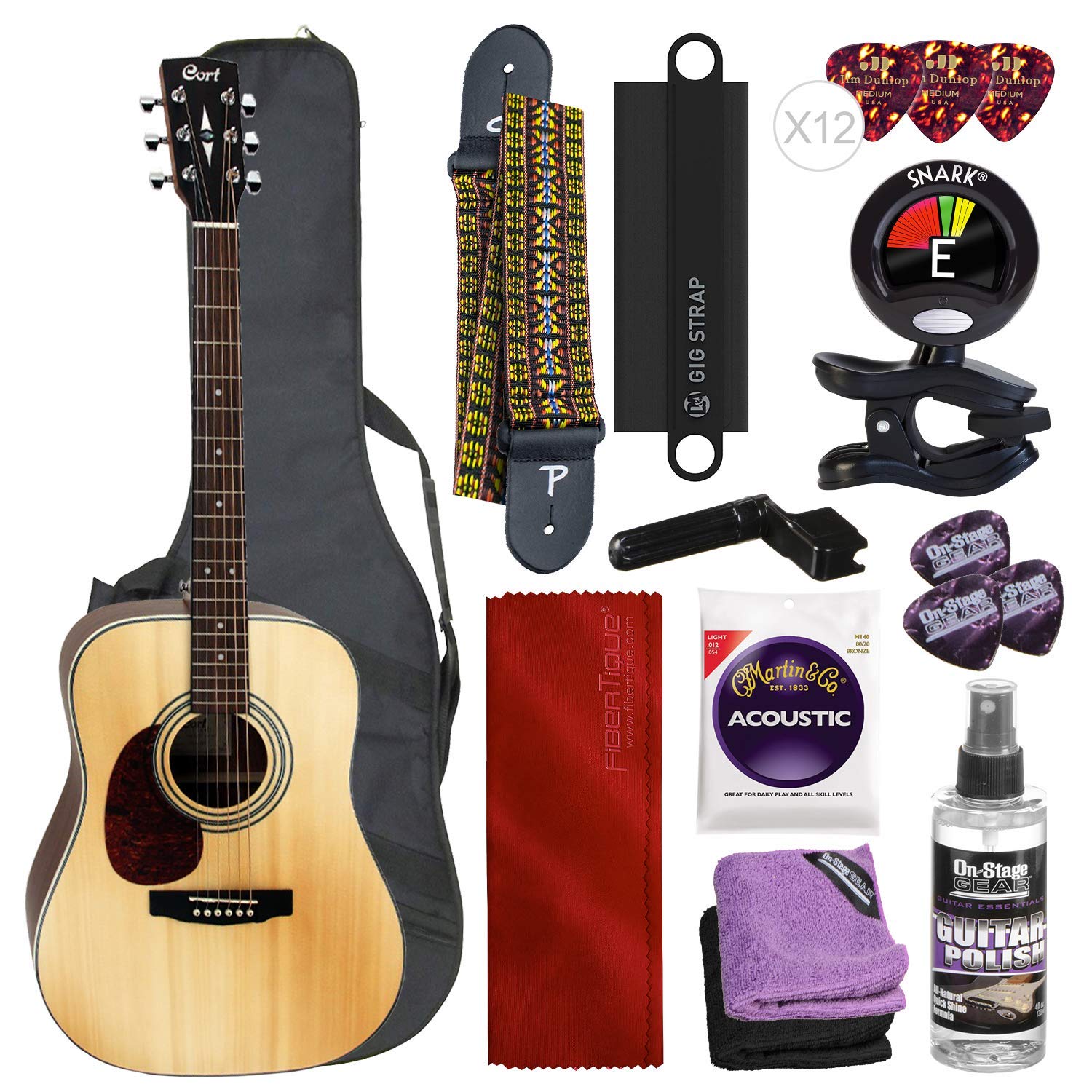 Cort Earth70 Dreadnought Acoustic Guitar Bundle with Gig Bag, Tuner, Strings & Picks - Professional Full-Size Steel String Guitar for Beginners & Musicians - Perfect for Camping, Live Performances & Home Practice