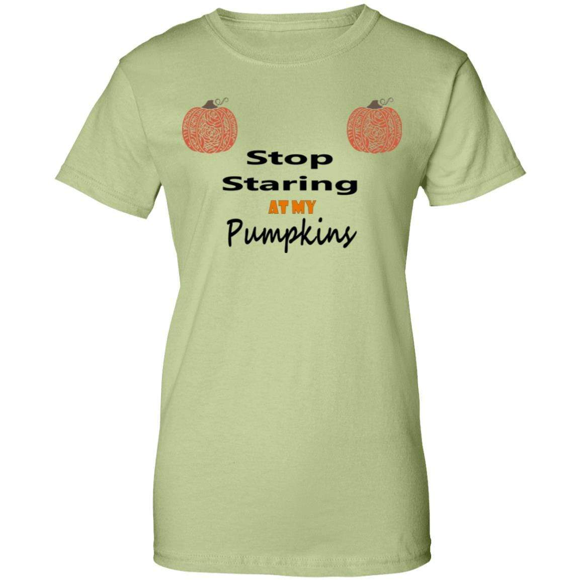 Stop Staring At My Pumpkins Women's 100% Cotton Graphic T-Shirt - Funny Fall Halloween Tee for Pumpkin Patch & Autumn Outings