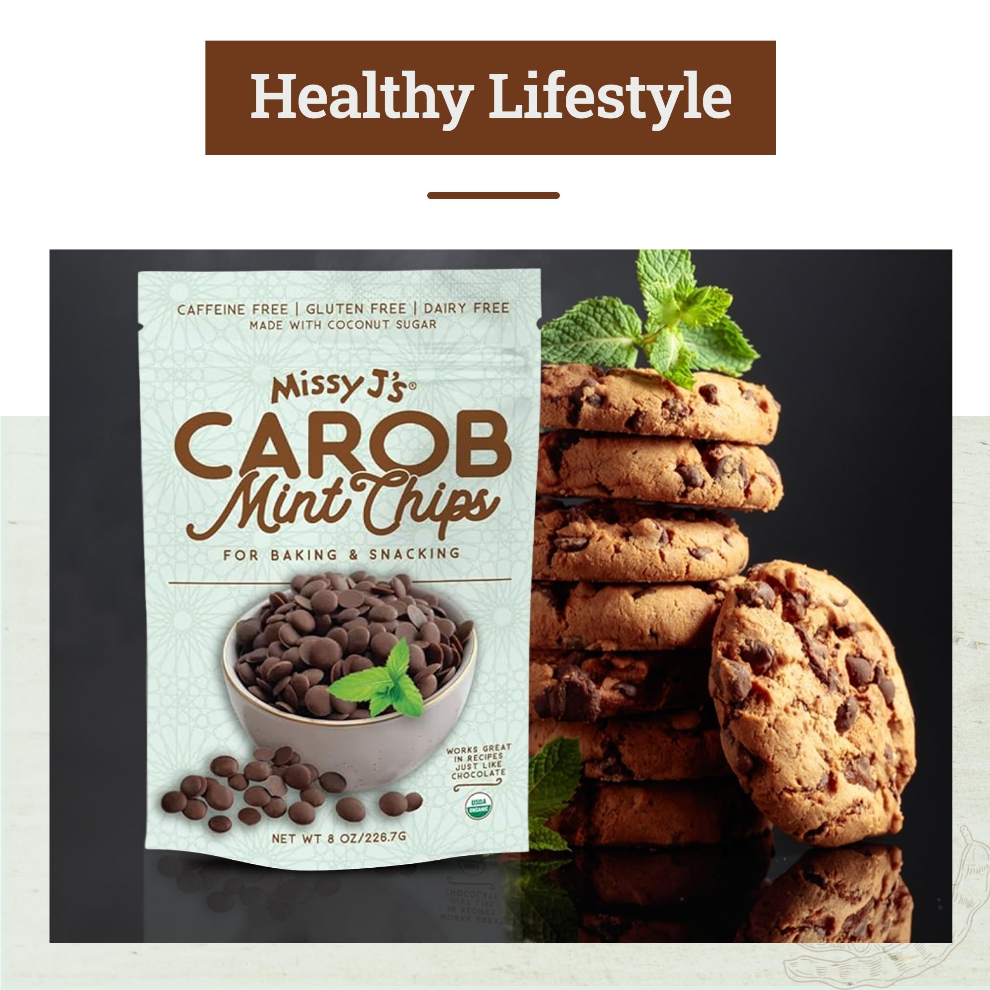 Organic Mint Carob Chips 8 oz - Vegan, Gluten-Free, Caffeine-Free Chocolate Substitute with Coconut Sugar | Healthy Snacks, Baking, Desserts & Vegan Treats
