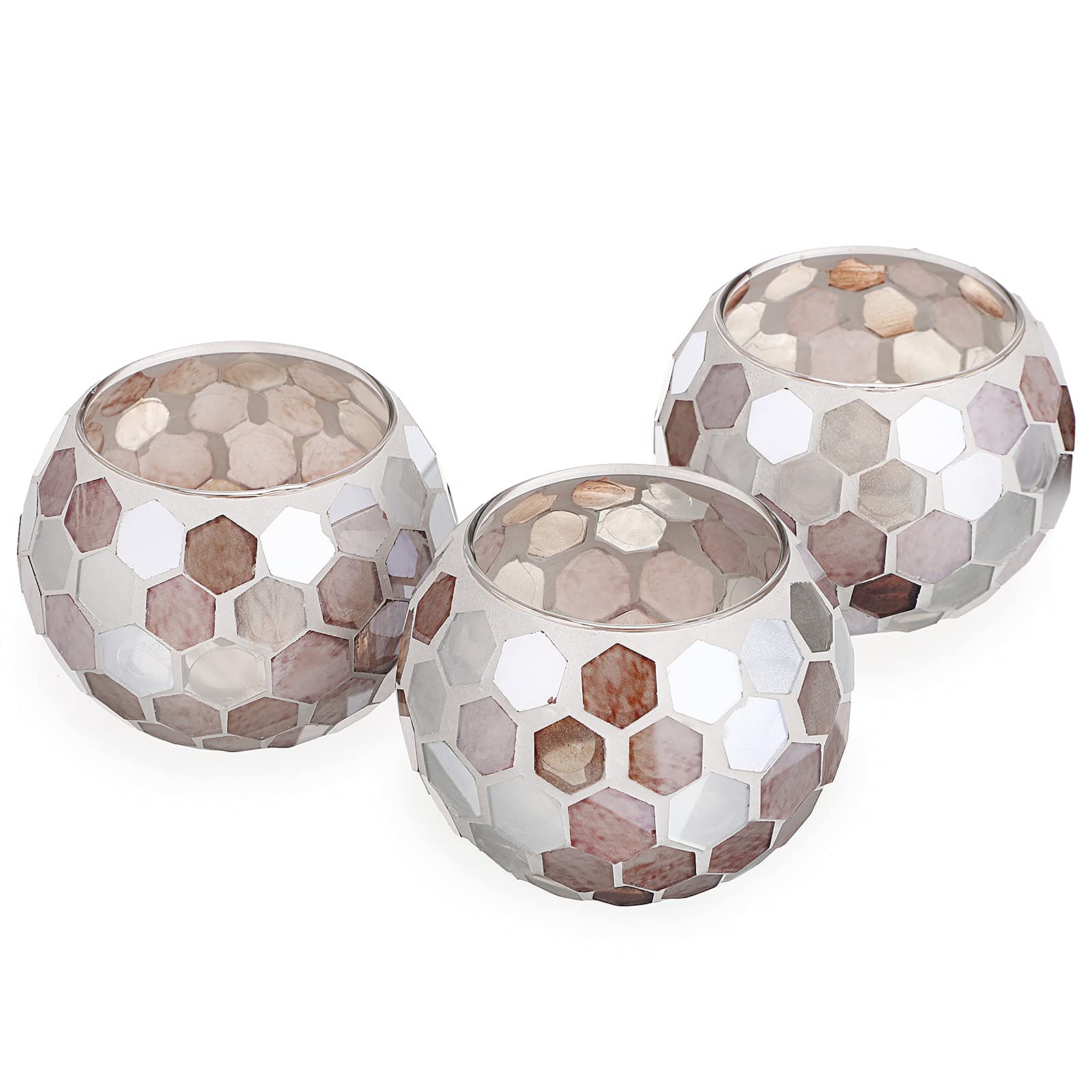 Set of 3 Mosaic Glass Tea Light Holders - Round Bowl Votive Candle Stands for Wedding Centerpieces, Dining Table Decor & Home Ambiance | Perfect for Romantic Dinners, Party Decorations & Spa Relaxation