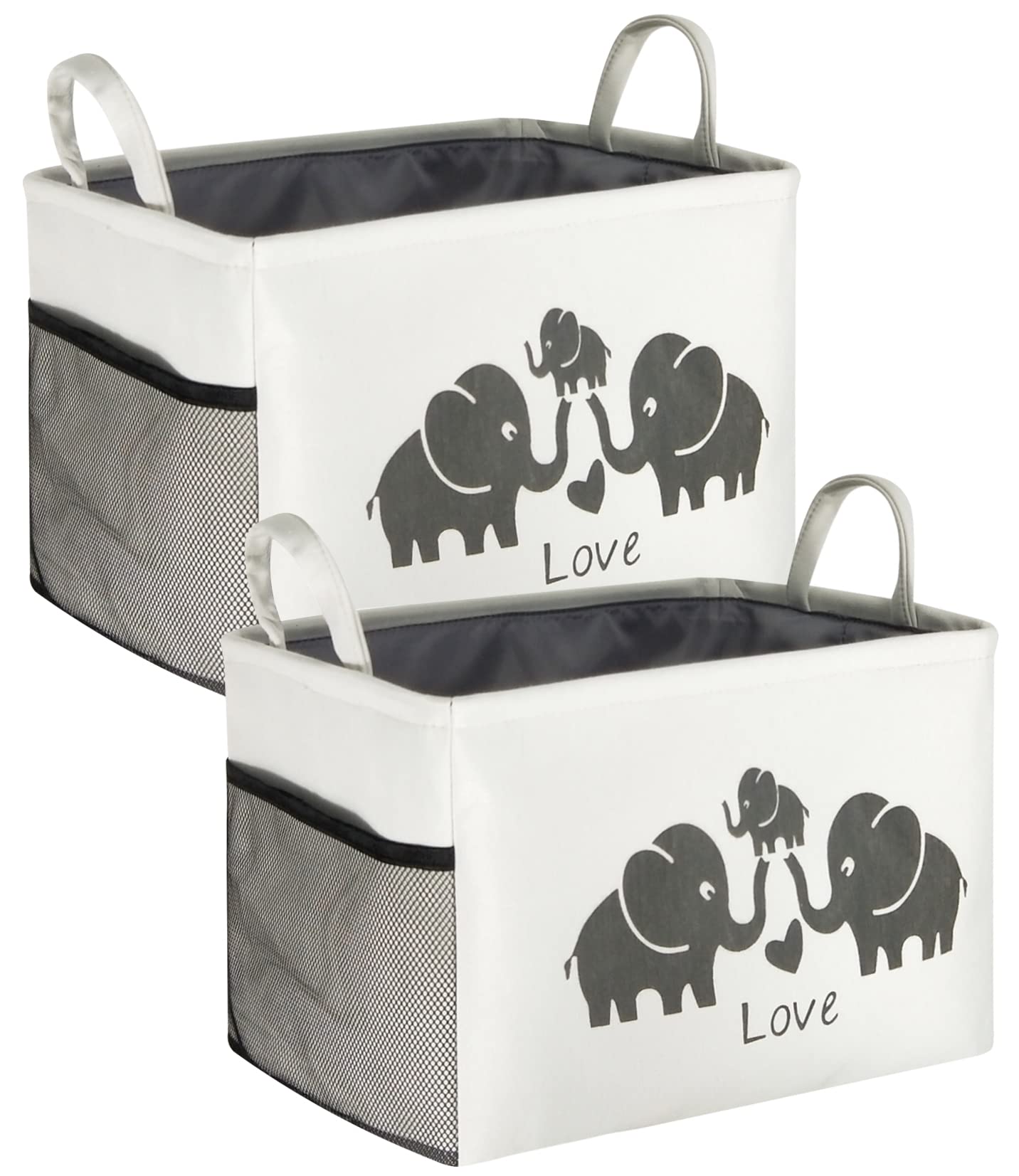 HIYAGON 2-Pack Canvas Storage Baskets with Mesh Pockets - Large Rectangular Toy Organizer Bin for Bedroom, Closet & Shelves | Perfect for Kids' Room, Nursery & Home Organization (Love Elephants Design)