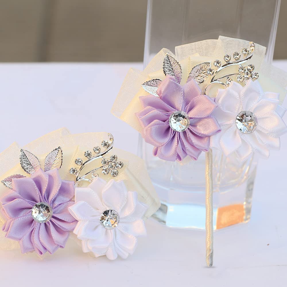 60 PCS Purple Satin Ribbon Flowers with Rhinestones - DIY Wedding Bouquet Accessories, Bridal Hair Clips, Gift Wrapping Decorations for Parties and Crafts
