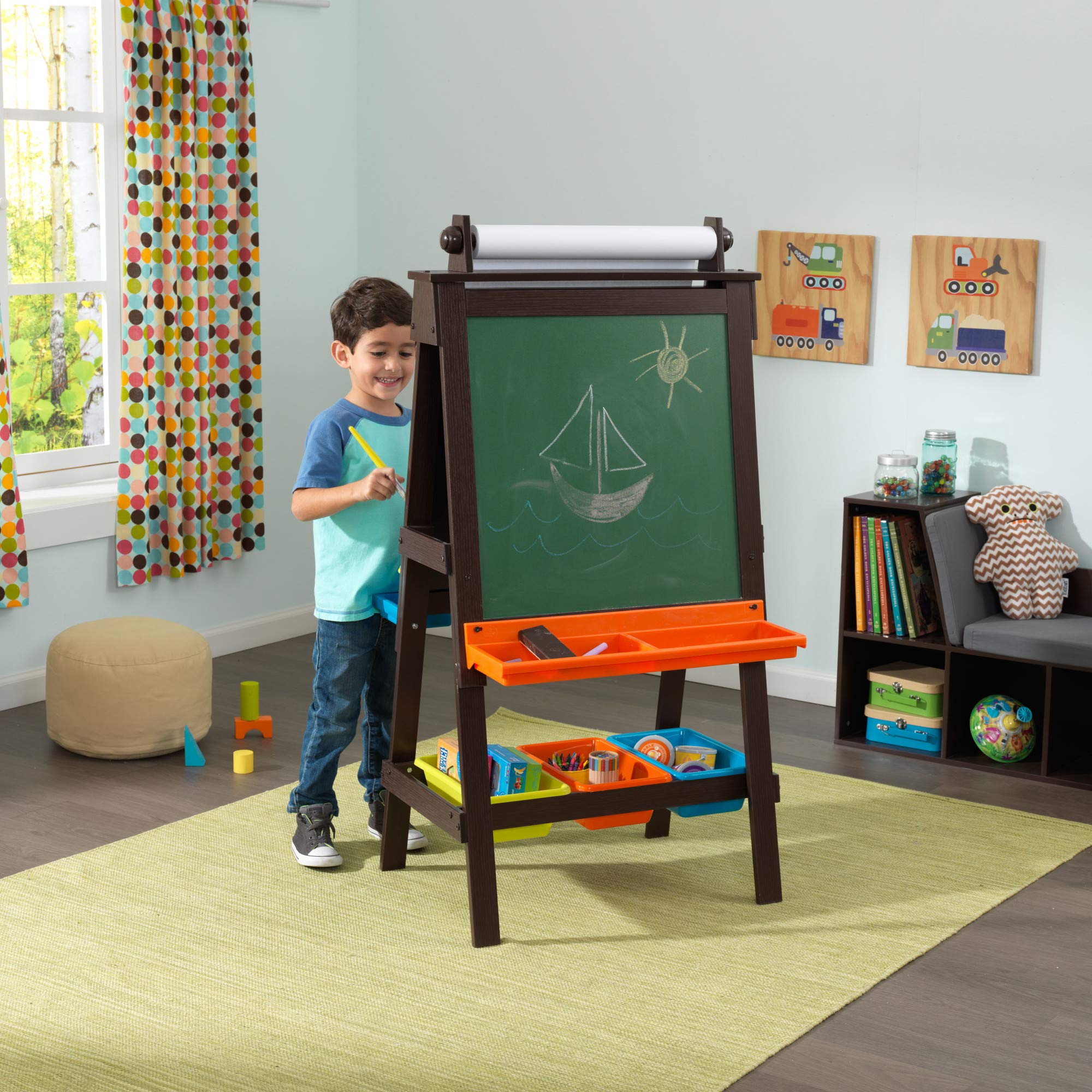 KidKraft Wooden Storage Easel with Dry Erase & Chalkboard - Kids Art Station for Drawing & Learning - Espresso Children's Furniture - Perfect Gift for 3+ Year Olds - Ideal for Playroom, Classroom & Homeschool Activities