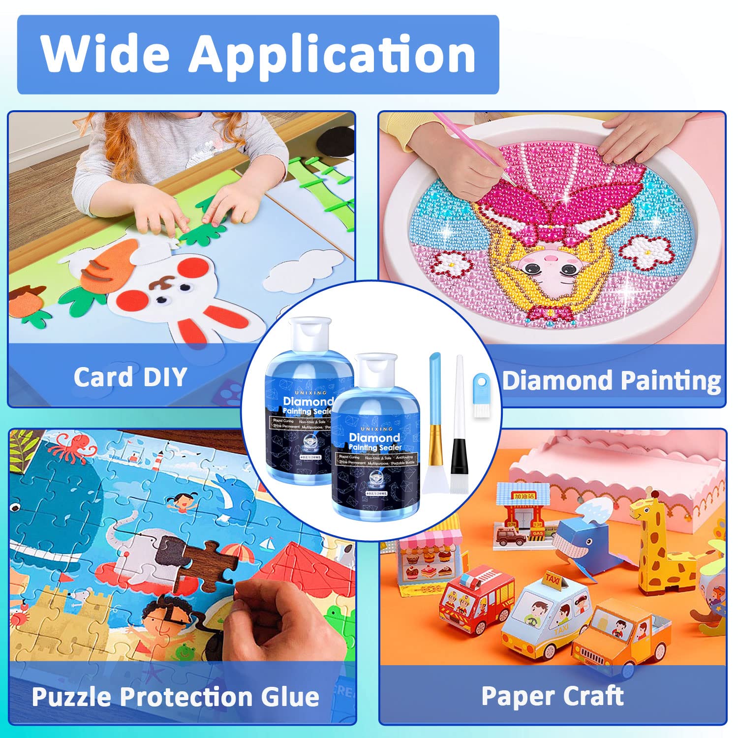 2 Pack Diamond Art Sealer Kit with 3 Brushes & 8oz Glue - 5D Diamond Painting Permanent Hold Shine Effect - Perfect for DIY Crafts, Home Decor, and Gift Making