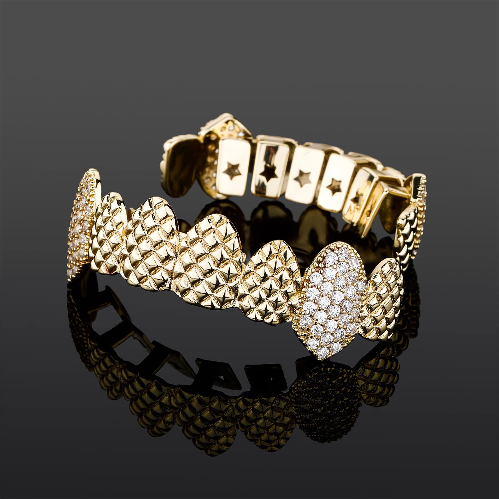ICEDIAMOND Gold Plated Hip Hop Grillz with Diamond Teeth - Trendy Embossed Fang Design for Men & Women | Perfect for Parties, Concerts & Hip Hop Fashion