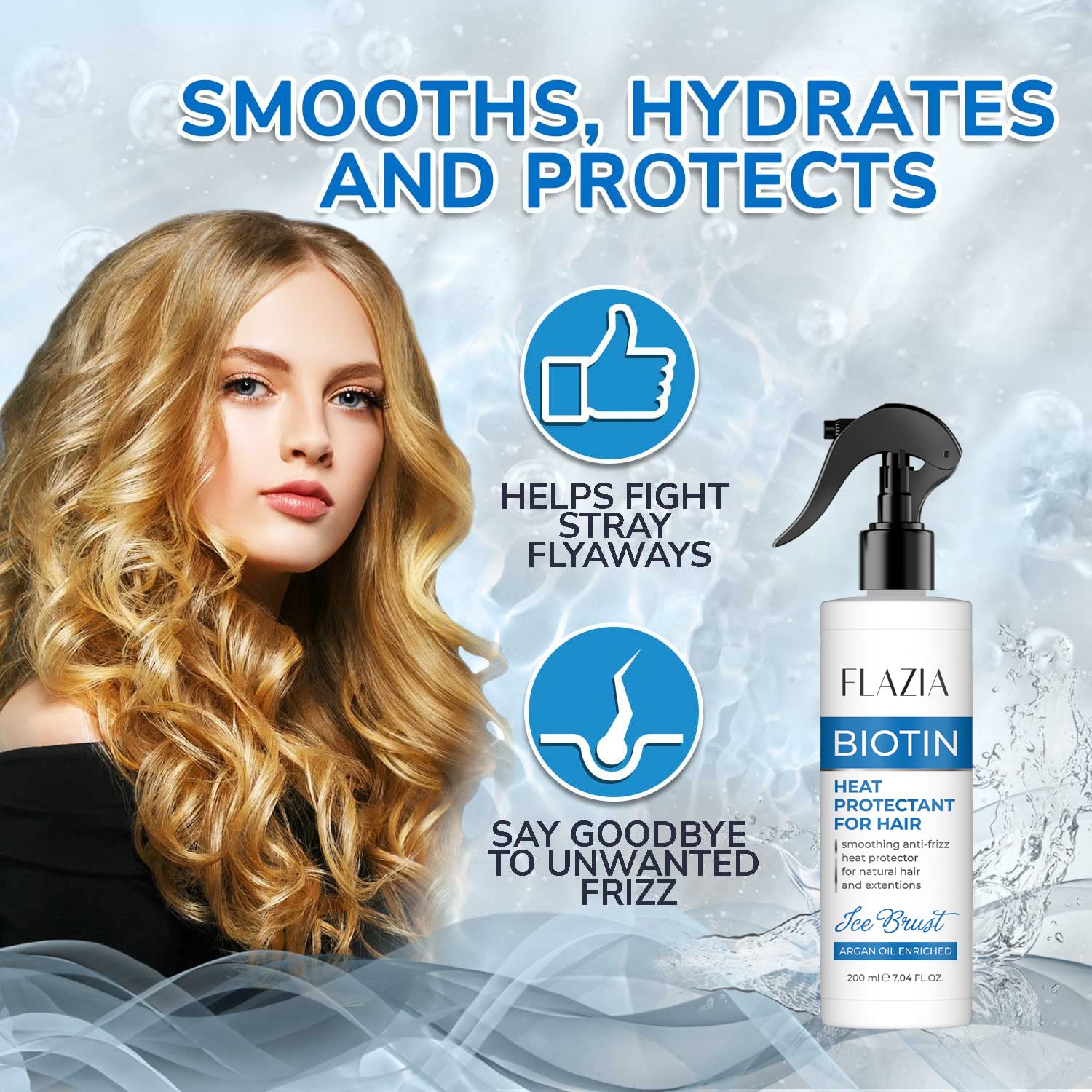 Flazia Ice Blast Heat Protection Spray for Hair Straightening - Sulfate & Paraben Free (200ml) - Thermal Shield for Men & Women - Perfect for Styling, Blow Drying & Flat Ironing