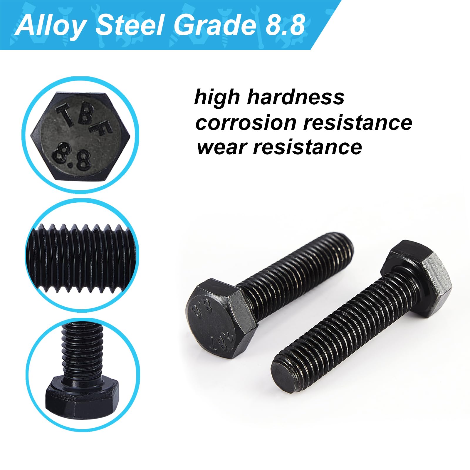 M10x20mm Hex Bolts 10Pcs - 8.8 Grade Alloy Steel for Machinery & Construction