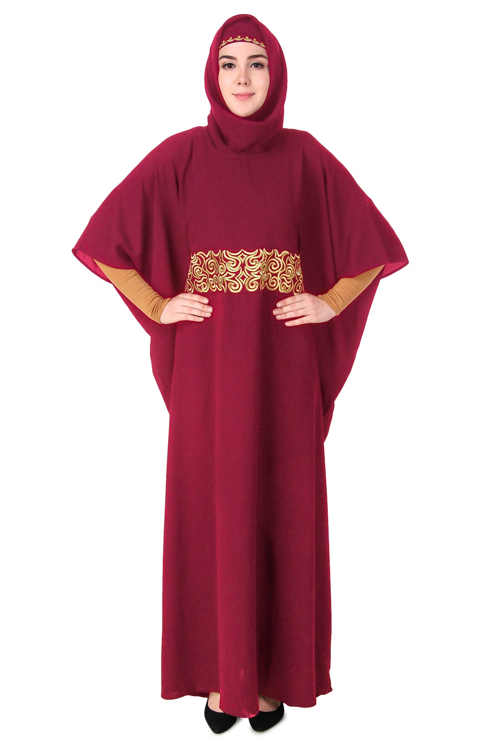 Handmade Gold Embroidered Waist Accent Kaftan Dress - Elegant Beach Cover Up & Boho Chic Homewear for Women