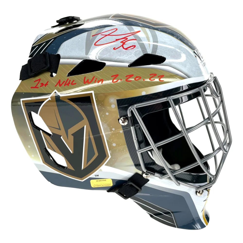 Logan Thompson Autographed Vegas Golden Knights Goalie Mask - First Win Inscribed - VGK IGM COA Certified - Perfect for Hockey Fans & Collectors - Display in Man Cave, Sports Room, or Office