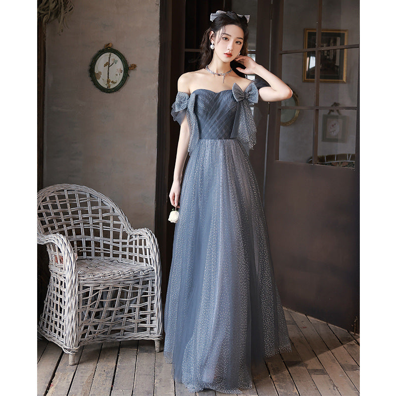 Elegant Off Shoulder Blue A-Line Prom Dress with Tulle Skirt & Bow Tie - Perfect for Evening Formal Parties, Homecoming, and Special Occasions