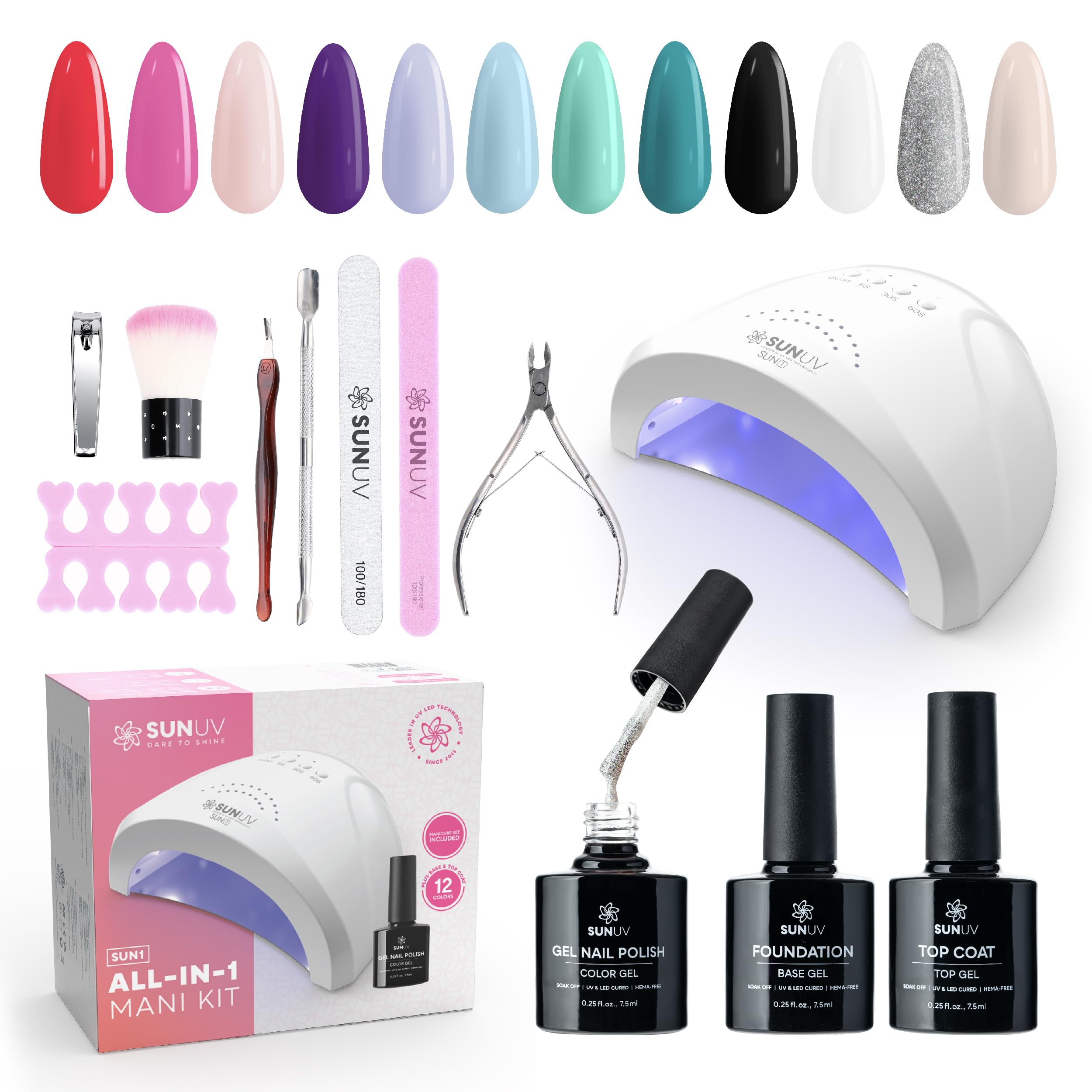 SUNUV 12 Colors Gel Nail Polish Kit with UV Light - Base & Glossy Top Coat Set, Professional Manicure Tools for Women | Perfect for Home Nail Art, Salon Treatments & Gift Giving