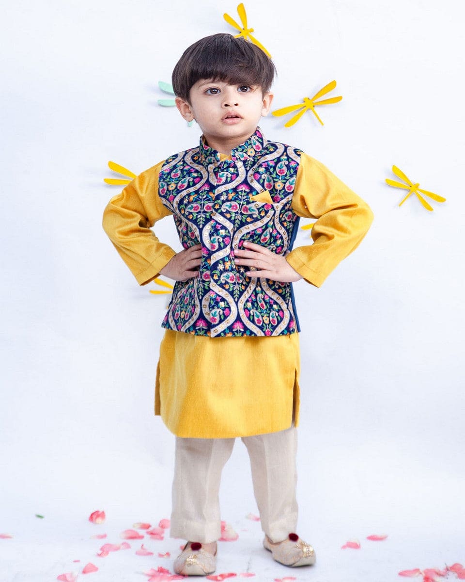 Blue Embroidery Velvet Nehru Jacket Set with Kurta & Pants for Men | Indian Ethnic Wear | Wedding & Festival Outfit