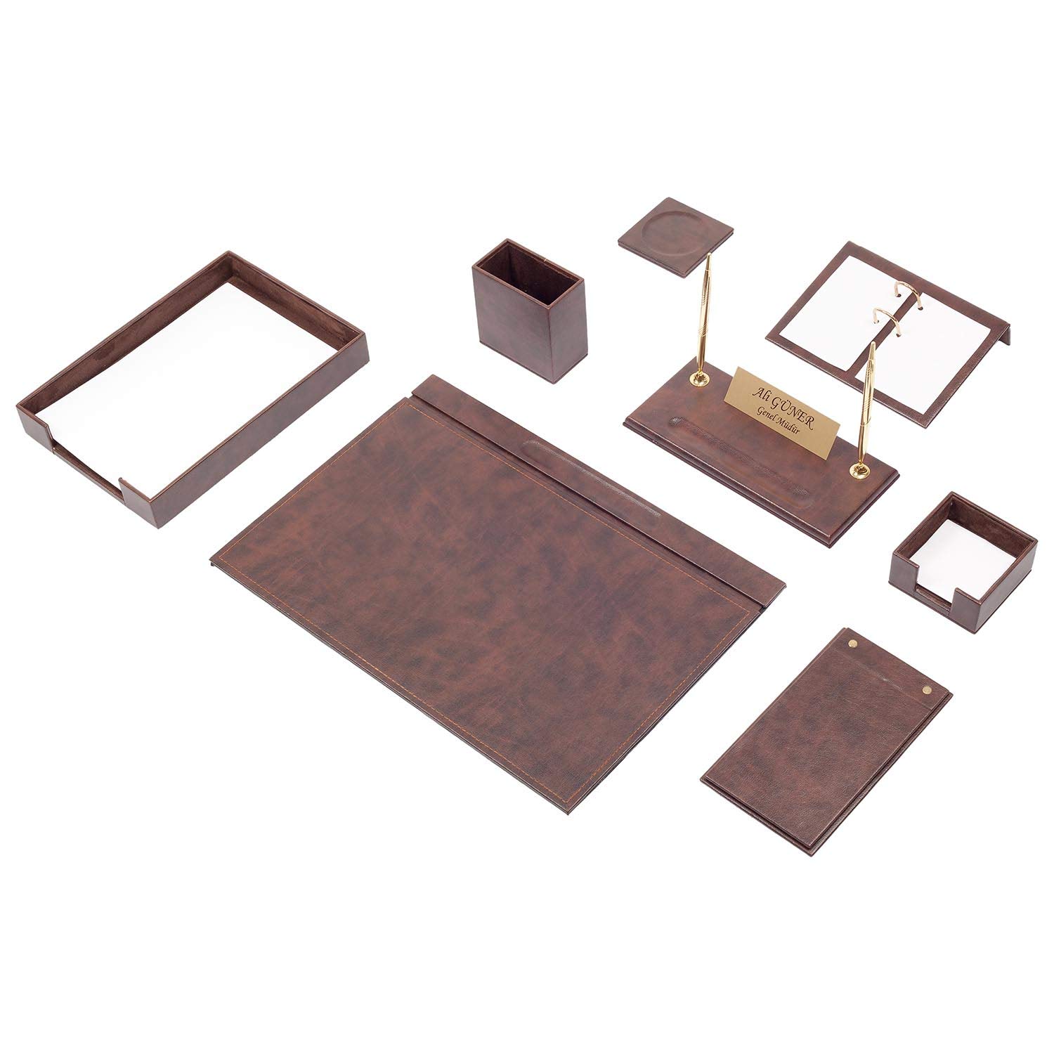 Premium 10-Piece Leather Desk Organizer Set - Bonded Leather Document Tray & Office Accessories - Elegant Brown Desk Supplies for Home & Office Organization | Perfect for Executive Desks, Workstations & Home Offices