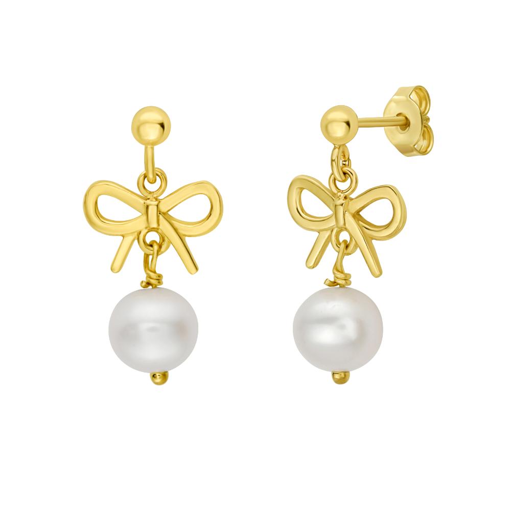 14K Gold Bow Pearl Drop Earrings for Women - Elegant Dangle Jewelry for Weddings, Parties & Special Occasions