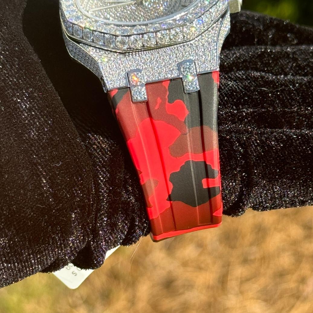 Moissanite Camouflage Red Automatic Watch for Men - Luxury Designer Timepiece for Outdoor, Business & Formal Occasions