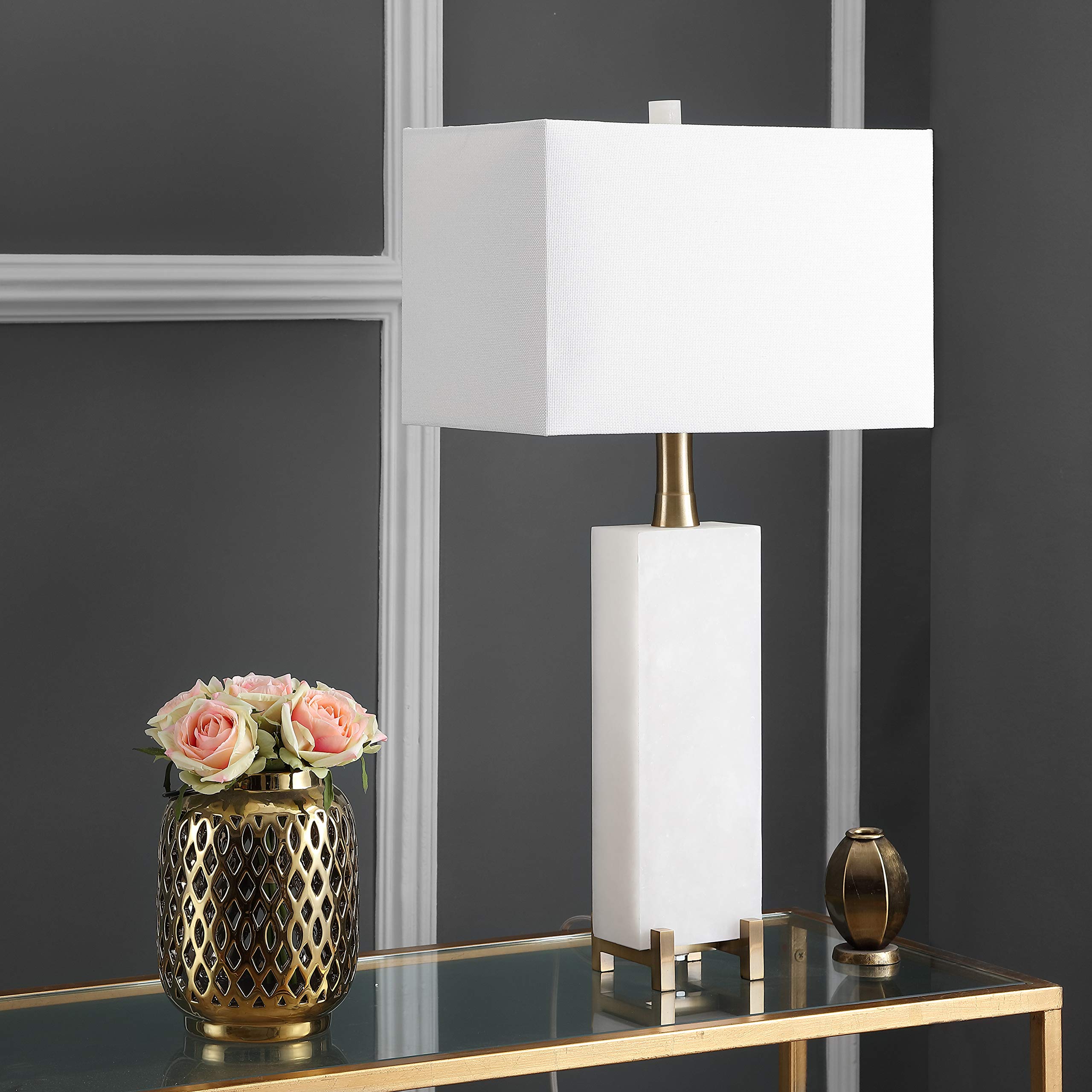 Safavieh Sloane 30-inch Alabaster White & Brass Gold Table Lamp with LED Bulb - Elegant Lighting for Bedroom, Living Room, Home Office & Nightstand (Perfect for Reading, Working & Ambient Decor)