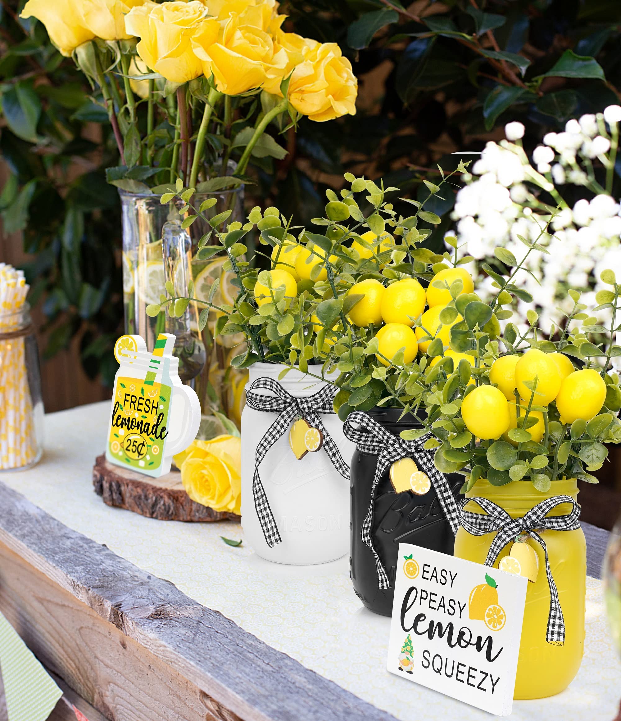 Lemon Kitchen Decor & Accessories Set - Rustic Mason Jar & Buffalo Plaid Farmhouse Tray Decor for Summer Home, Housewarming Gift - Perfect for Tiered Tray Displays, Country Kitchen Decor & Seasonal Table Centerpieces