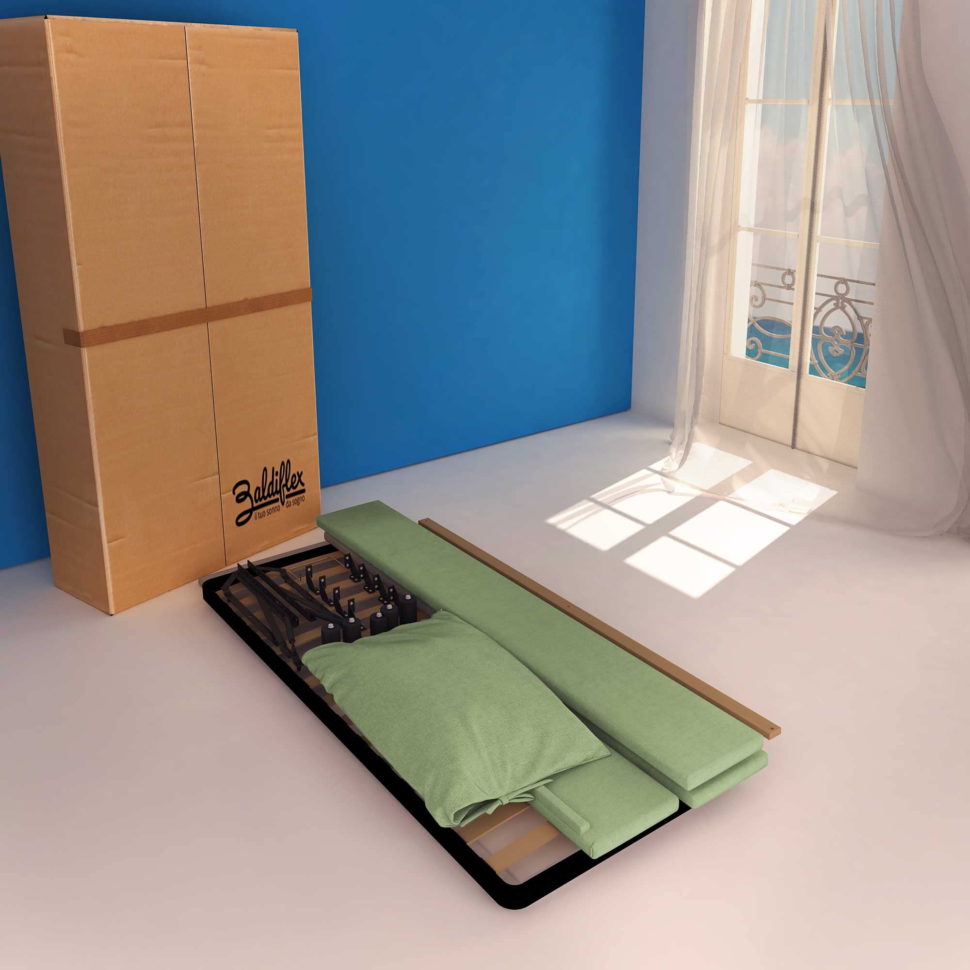 Baldiflex Single Bed with Storage - Licia Soft Fabric Frame, Slatted Base for 90x190cm Mattress, Padded Headboard in Mint Green - Perfect for Small Bedrooms, Guest Rooms & Dormitories