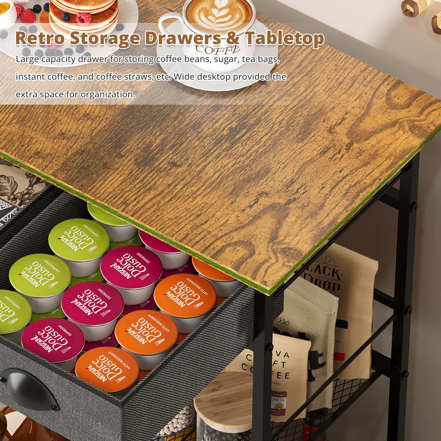 Farmhouse Style 3-Tier Coffee Bar Stand with 2 Storage Drawers - Large Capacity Coffee Station Organizer Cabinet for Kitchen, Living Room & Entryway - Perfect for Espresso Machines, Mugs & Coffee Accessories Storage