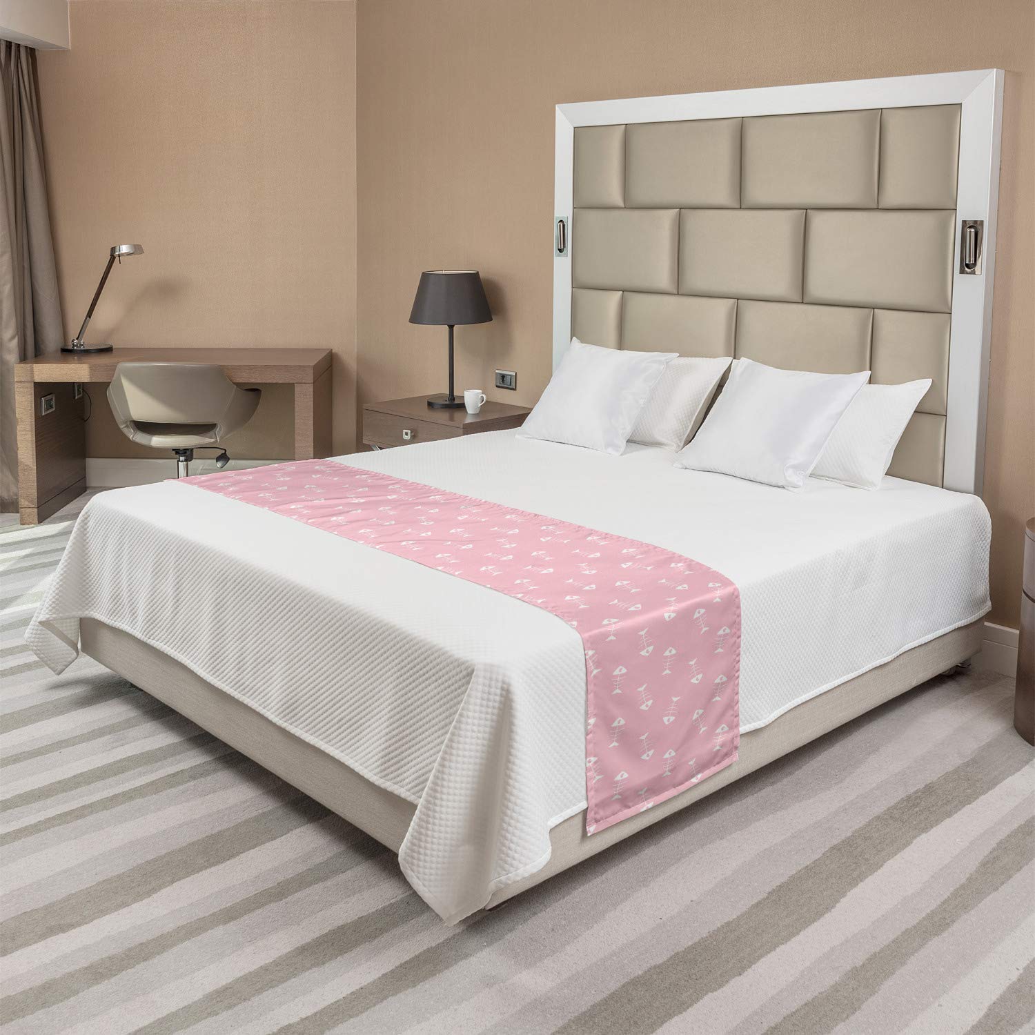 Ambesonne Pink and White Bed Runner - Fish Bone Skeleton & Hearts Abstract Design, Decorative Bed Scarf for Hotels, Homes & Guest Rooms | Perfect for Bedroom Decor, Wedding Accents & Cozy Home Styling