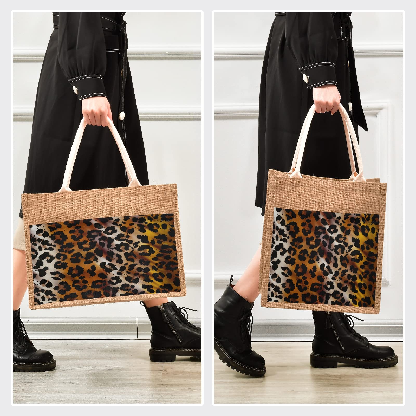 Stylish Brown Leopard Print Jute Tote Bag for Women - Eco-Friendly Grocery Shopping Bag with Sturdy Handles - 8.7 x 11.8 x 5.9 Inches - Perfect for Beach Outings, Farmers Market & Travel Accessories