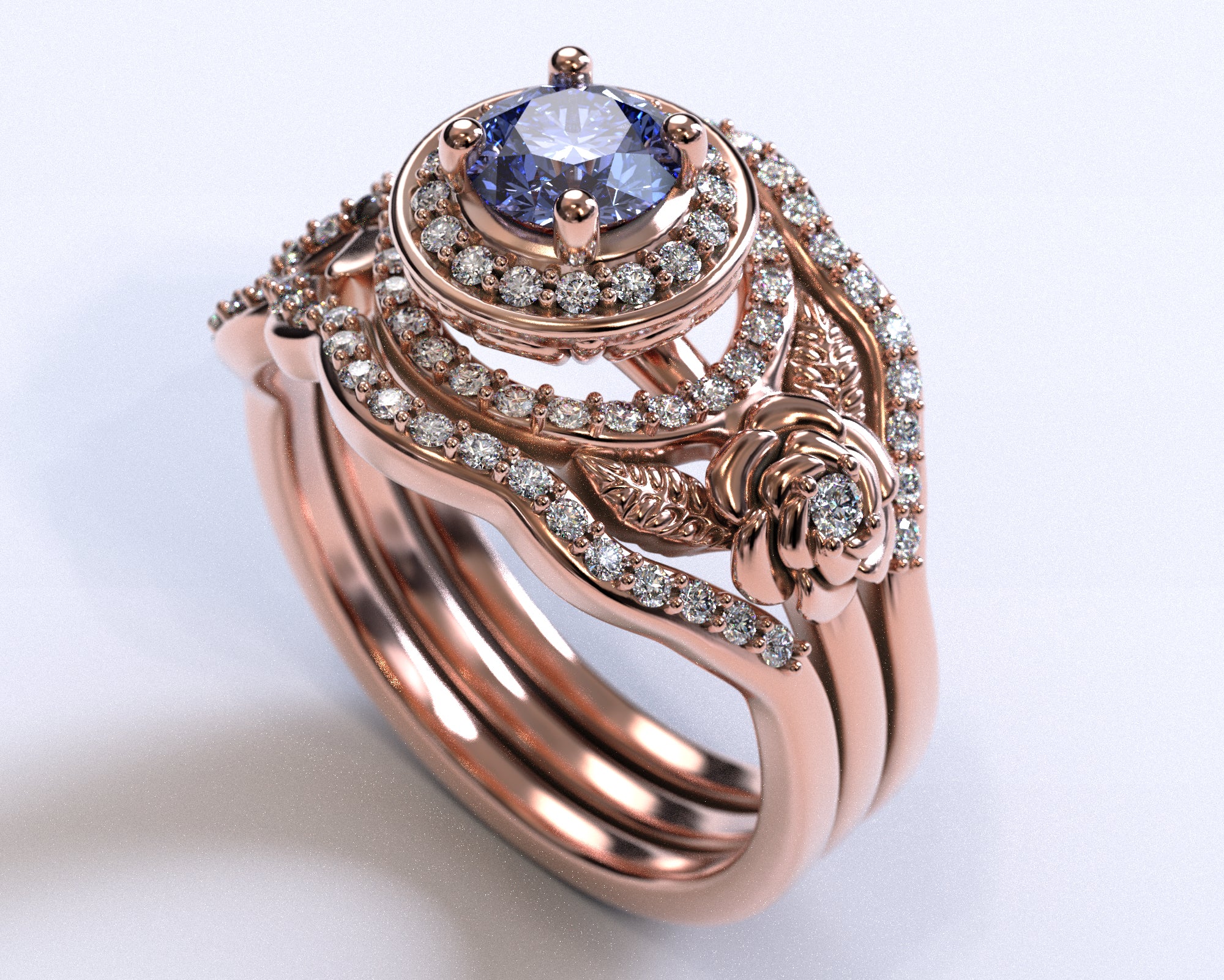 Exquisite Tanzanite Halo Bridal Ring Set with Floral Design | Elegant Wedding & Engagement Jewelry for Brides | Perfect for Proposals, Anniversaries & Special Occasions