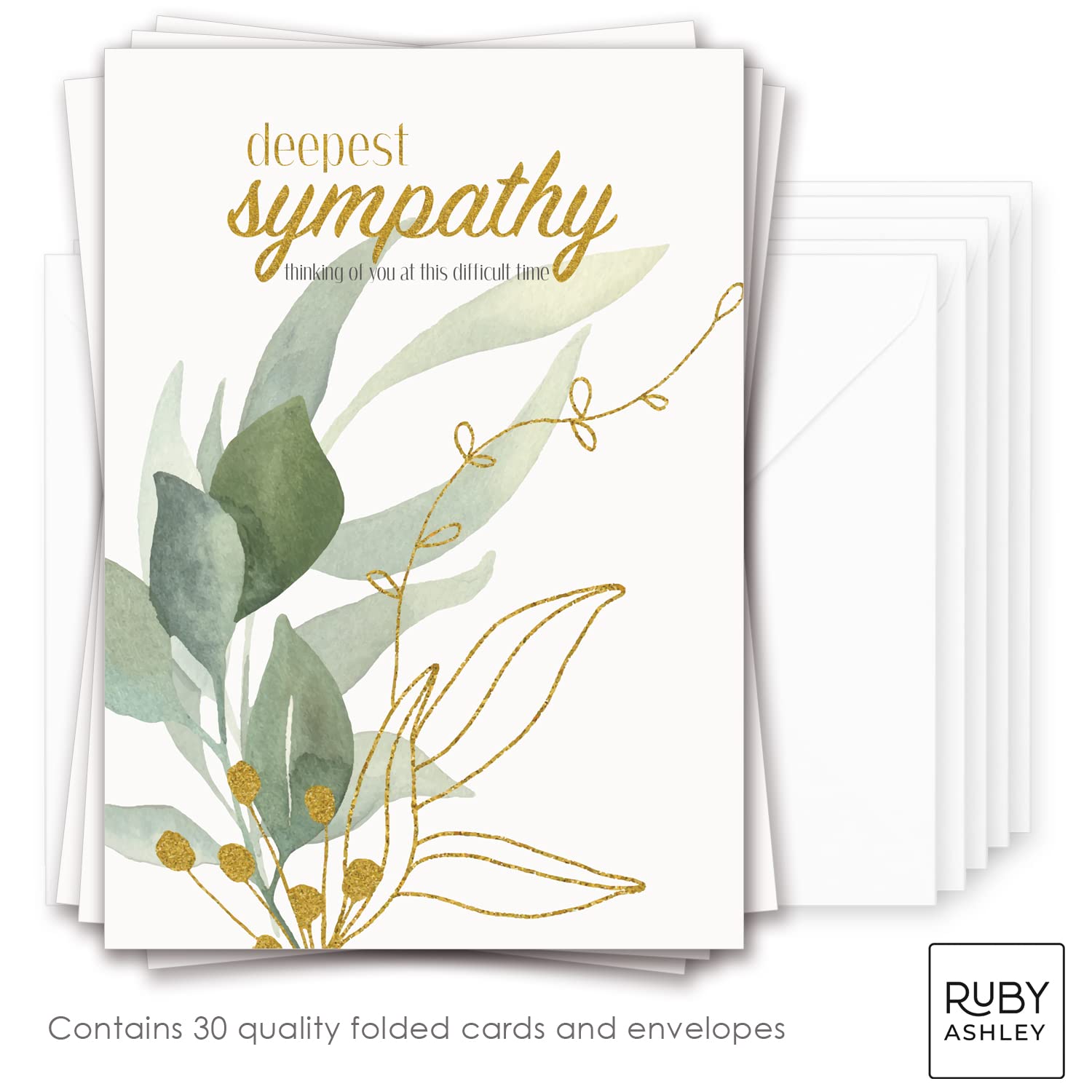 Ruby Ashley Sympathy Cards - 30 Pack with White Envelopes | Condolence, Thinking of You, Sorry For Your Loss Greeting Cards | Made in UK | Perfect for Funeral, Memorial & Comforting Loved Ones