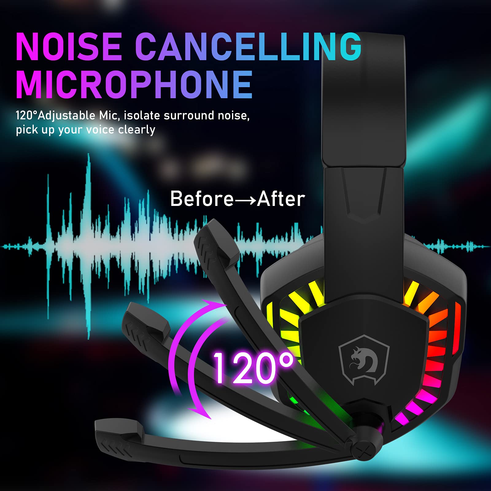 RGB Gaming Headset with Noise-Canceling Mic - Stereo Sound, Deep Bass & Memory Foam Earcups - Wired Over-Ear Headphones for PS5, Xbox Series X/S, Switch, PC, Mac - Perfect for FPS, Streaming & Music (Black)