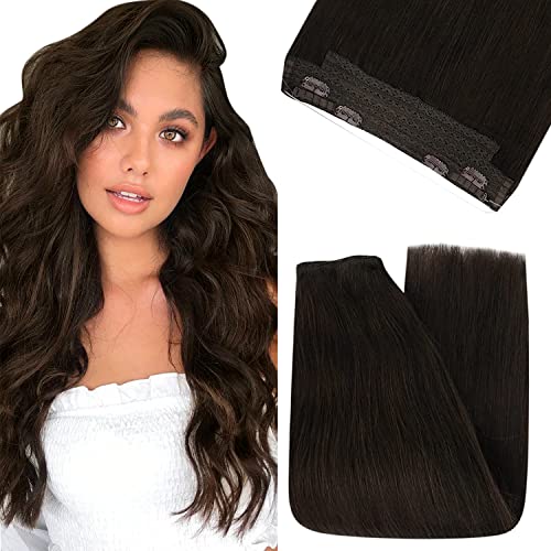 Fshine 16 Inch Dark Brown Remy Human Hair Extensions for Women - 80g Straight Natural Invisible Wire Extensions with Transparent Fish Line & Removable Clips - Perfect for Daily Styling, Parties & Special Occasions